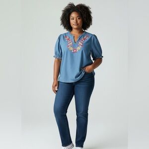 Boho Hippie Cottagecore Embroidered Denim Top plus size 3XL